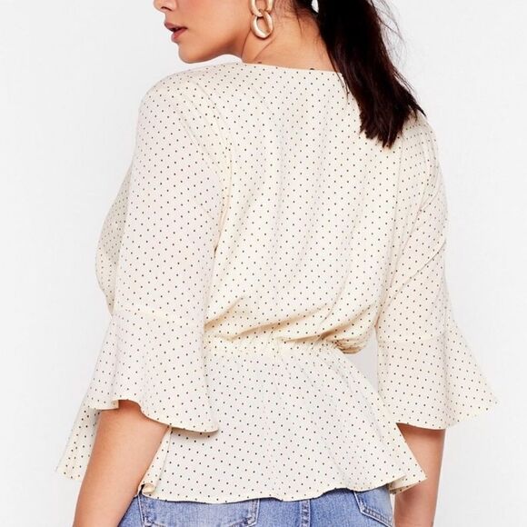 Nasty Gal 14 Well Spotted Peplum Bell Sleeve Faux Wrap Cream Brown Polka Top - Picture 2 of 16